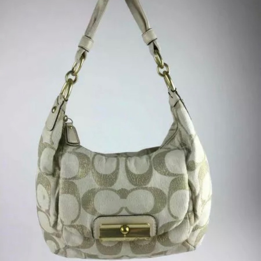 Coach Beige Gold Sparkle Jacquard Single Strap Tote NEW